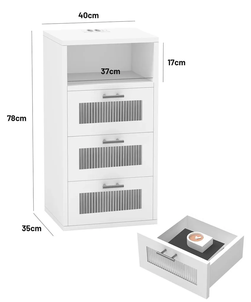 Commode de Chevet LED Design Blanc - 3 Tiroirs avec Prises USB Intégrées