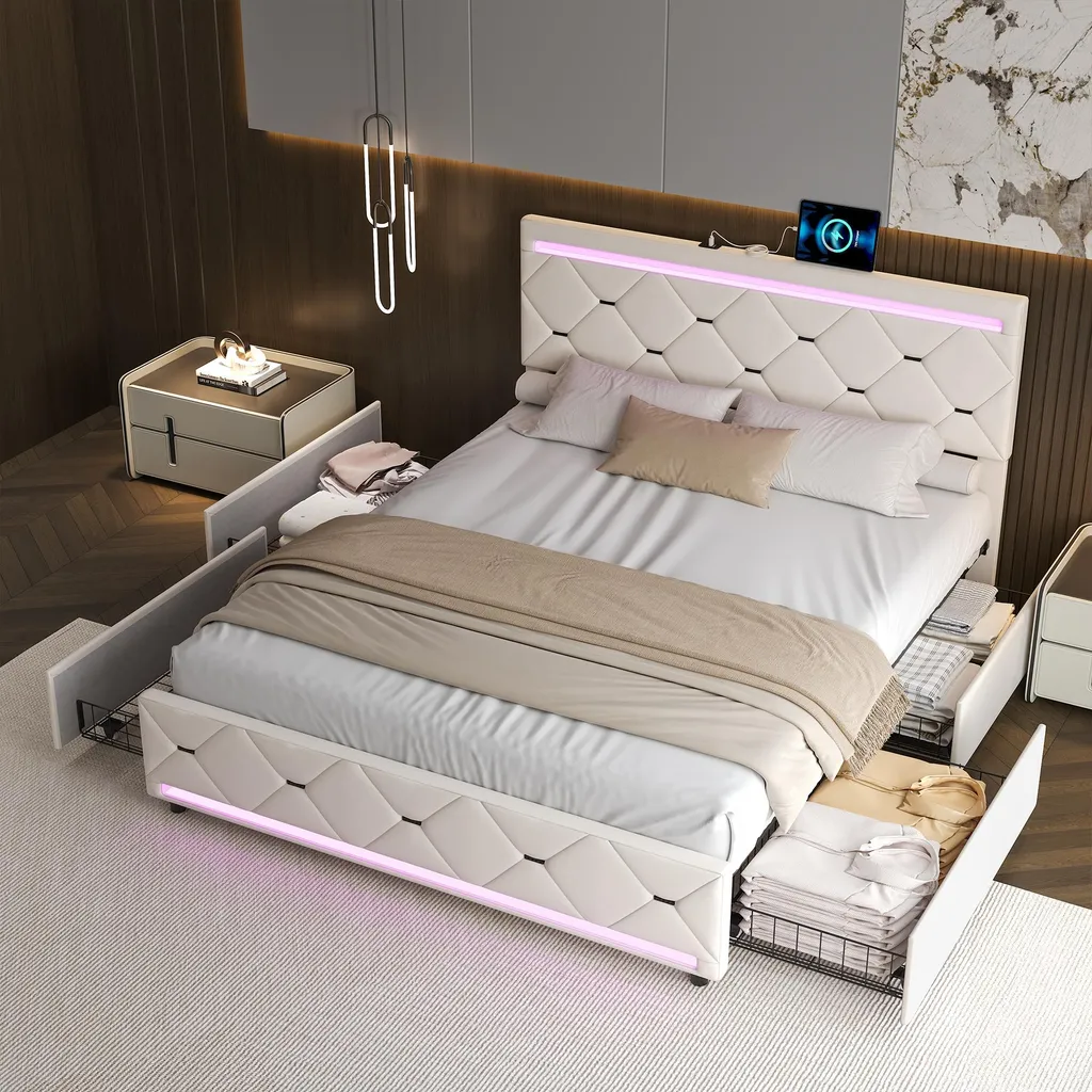 Lit 160x200 velours blanc cassé : fini le désordre avec ses 4 tiroirs