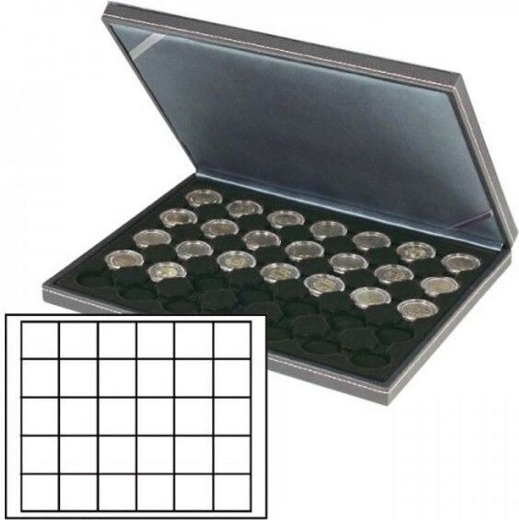 Lindner 2364-2115CE Münzkassette NERA M mit schwarzer Münzeinlage mit 30 quadratischen Fächern für Münzen/Münzkapseln bis Ø 38 mm