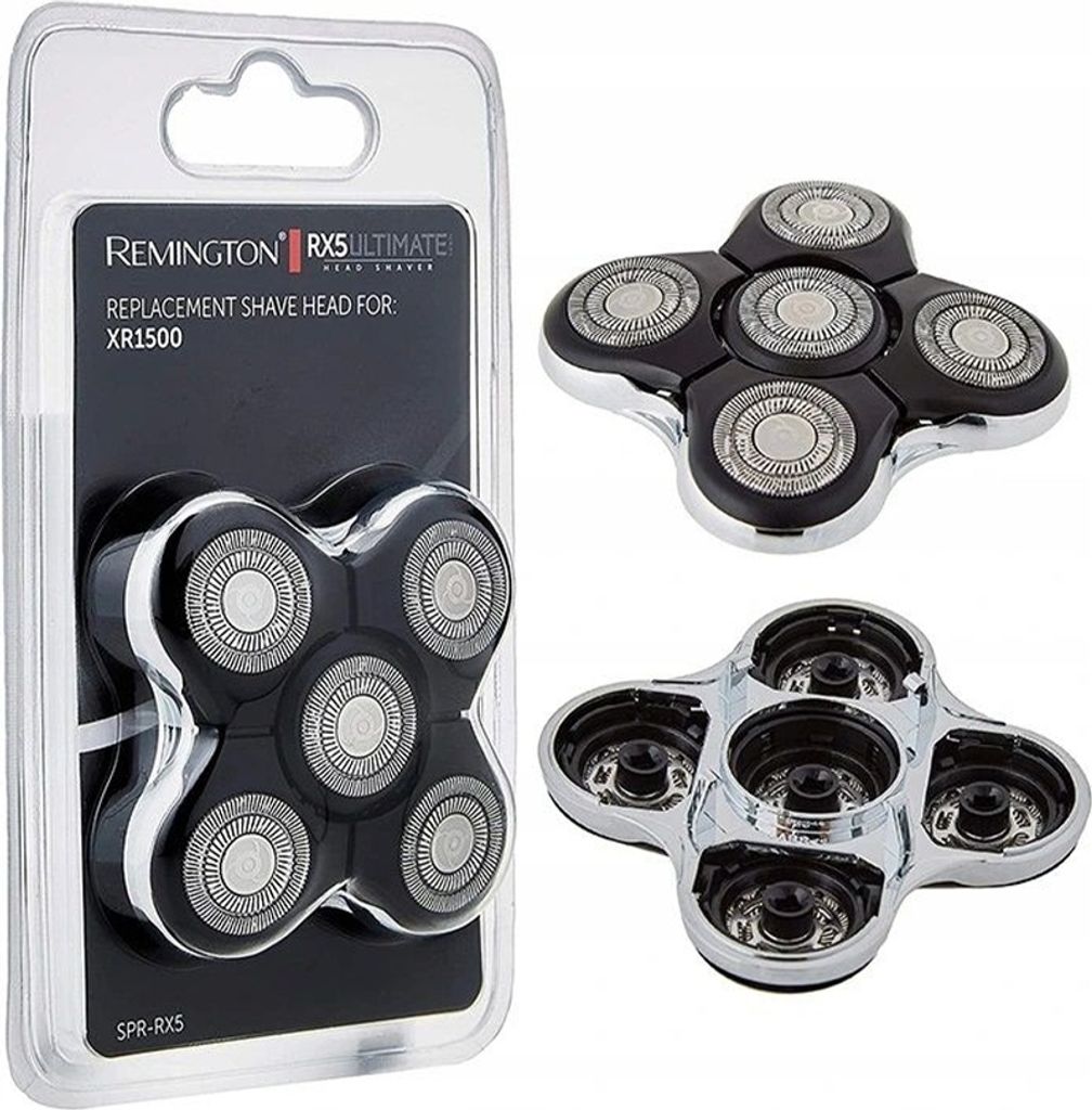 A product shot of a replacement shaver head for a Remington XR1500 razor, displayed in its retail packaging alongside loose replacement heads.