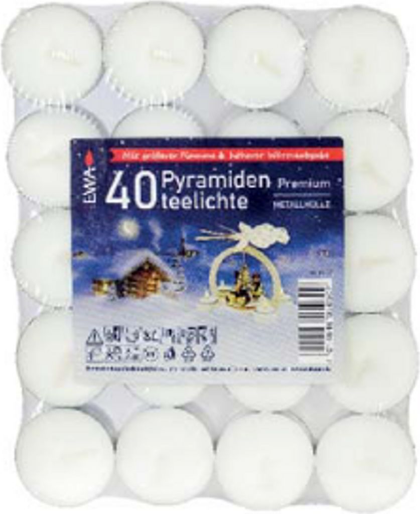 A package of 40 pyramid tea lights with a Christmas-themed illustration on the packaging.