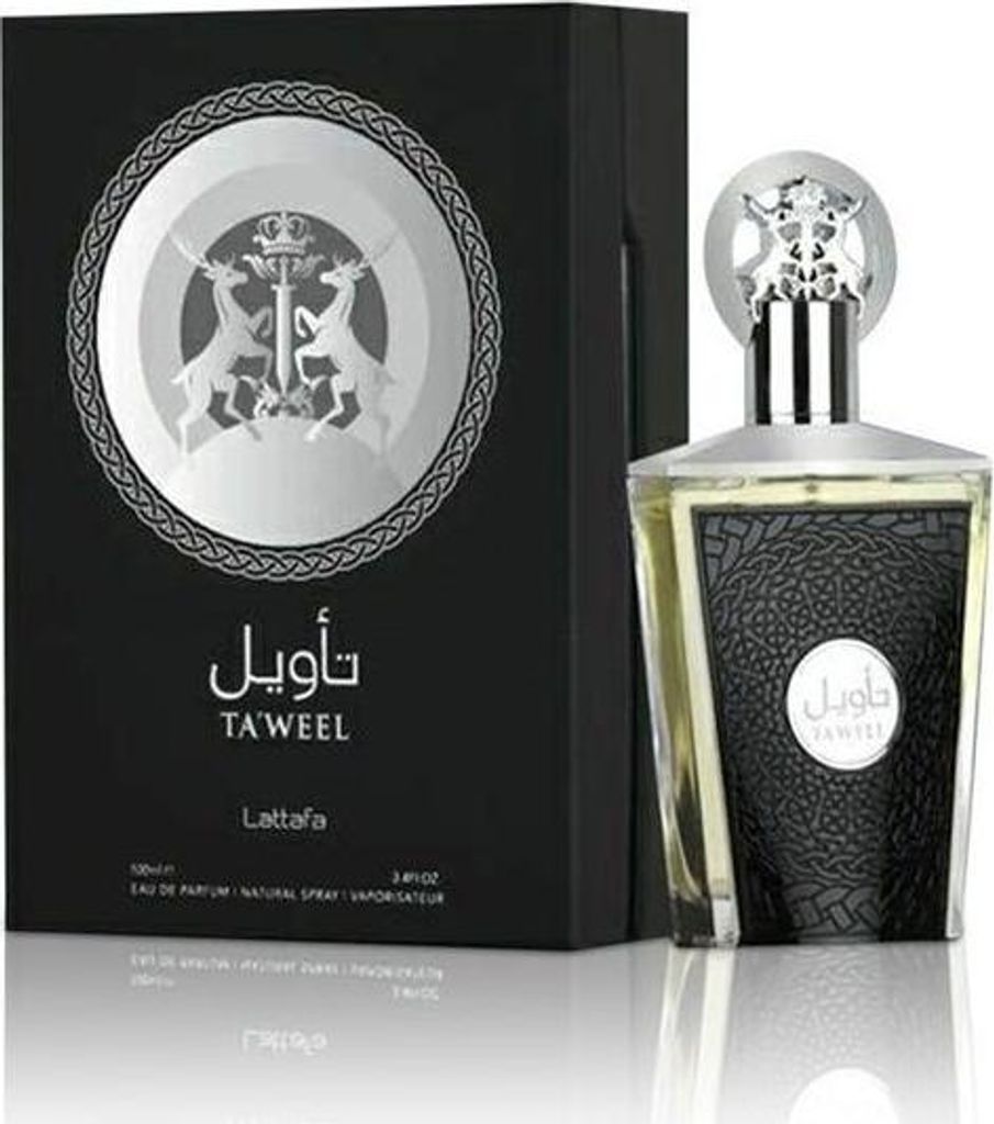 A product shot of a perfume bottle and its box, presented against a white background.