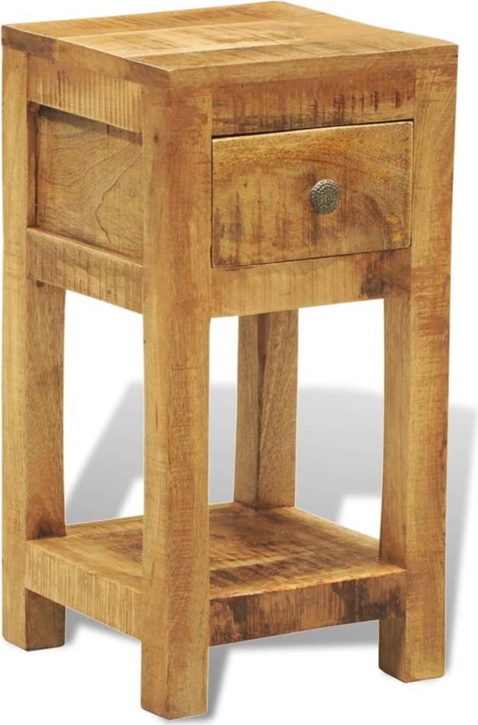 A wooden nightstand with one drawer and a shelf.