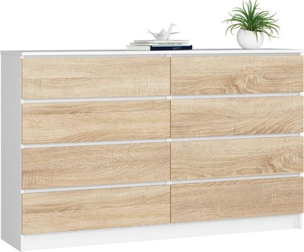 BDW, Kommode mit 8 Schubladen, 160x40x99 cm, K160, Weiß / Sonoma-eiche