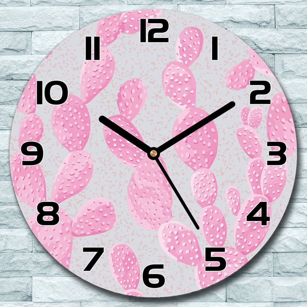 Wanduhr aus Glas Rund fi 30 Rosa Kakteen Quarz Deko Wohnzimmer Büro