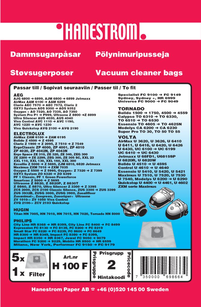 Staubsaugerbeutel aus Kunstfaser entsprechend der Norm Swirl PH86, Champion 1100CH und Andersson A9312