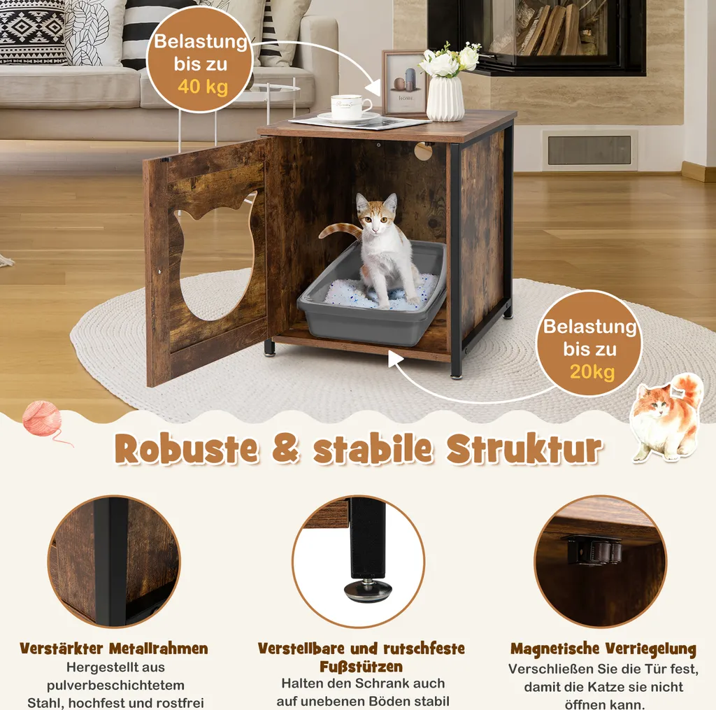 Table d'appoint cache-litière pour chat, idéale pour studio et salon