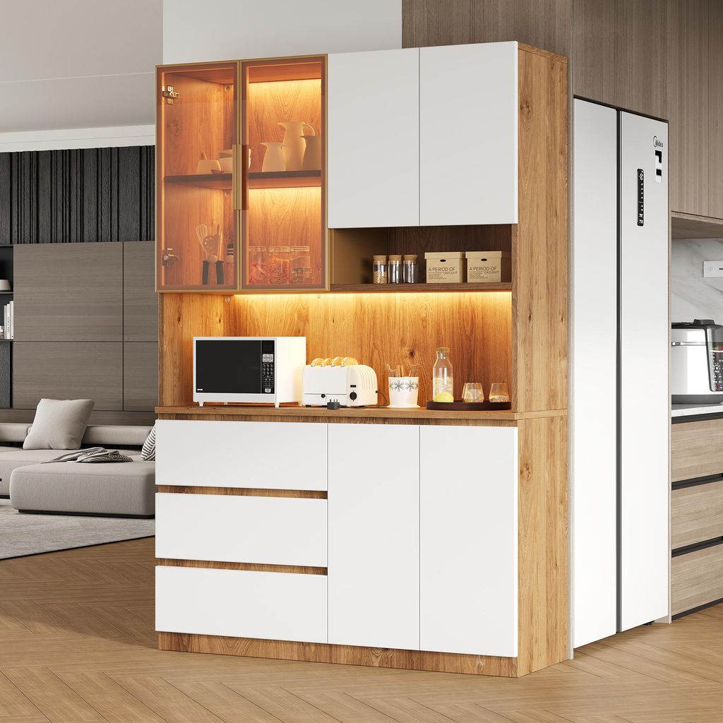 Merax Küchenschrank Küchenvitrine mit LED-Beleuchtung, 3 Schubladen, 6 Türen, Ablagebretter, Multifunktional, Hochschrank, Buffetschrank, Weiß+...