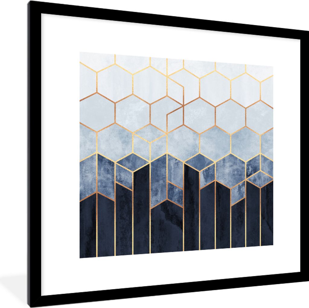 MuchoWow Gerahmtes Poster Sechseck - Gold - Schablonen 40x40 cm - Poster mit Schwarzem Bilderrahmen Wandposter Rahmen Foto Bilder - Poster - Plak...