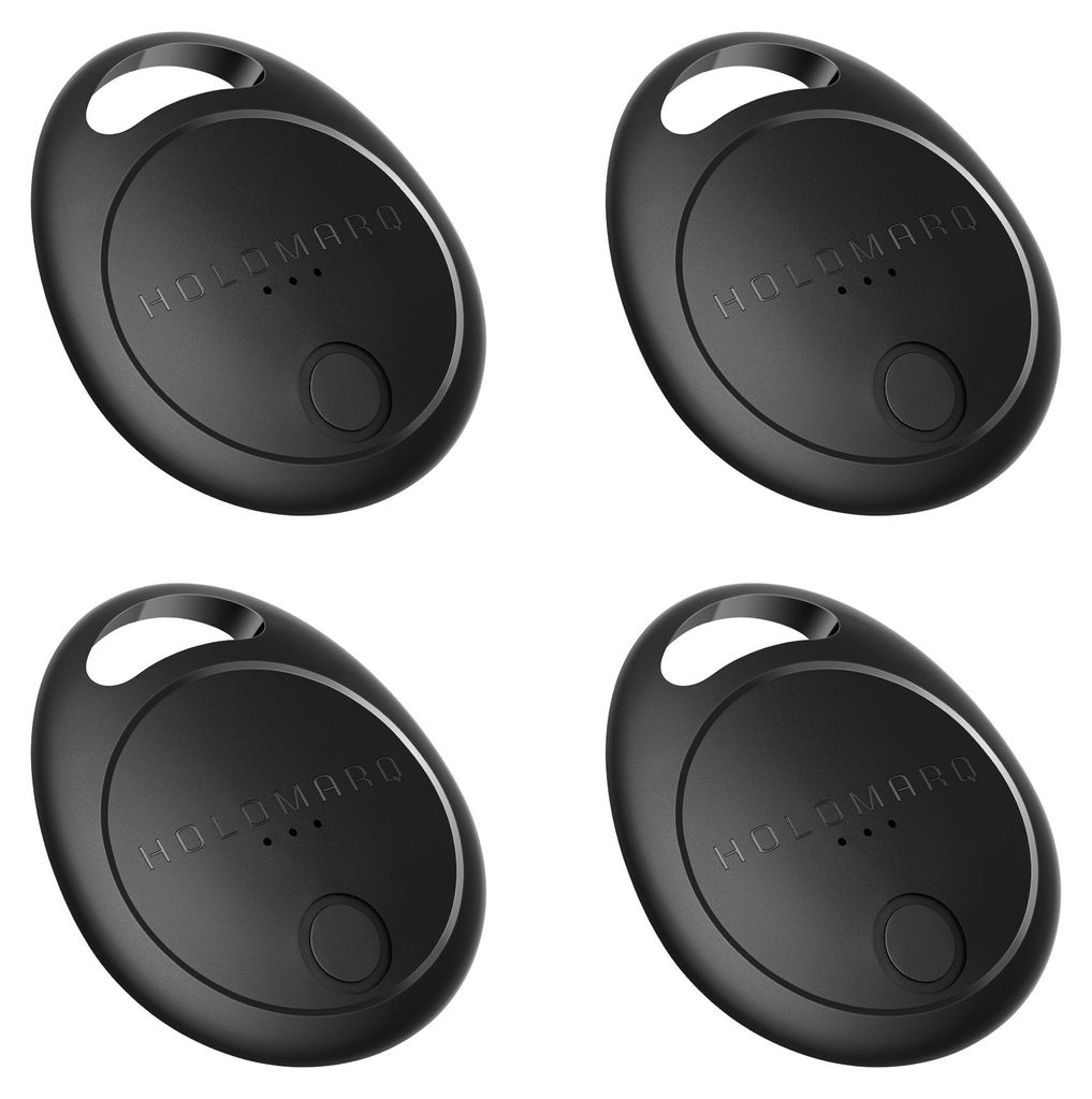 Four black oval-shaped tracking devices are arranged in a two-by-two grid against a white background.