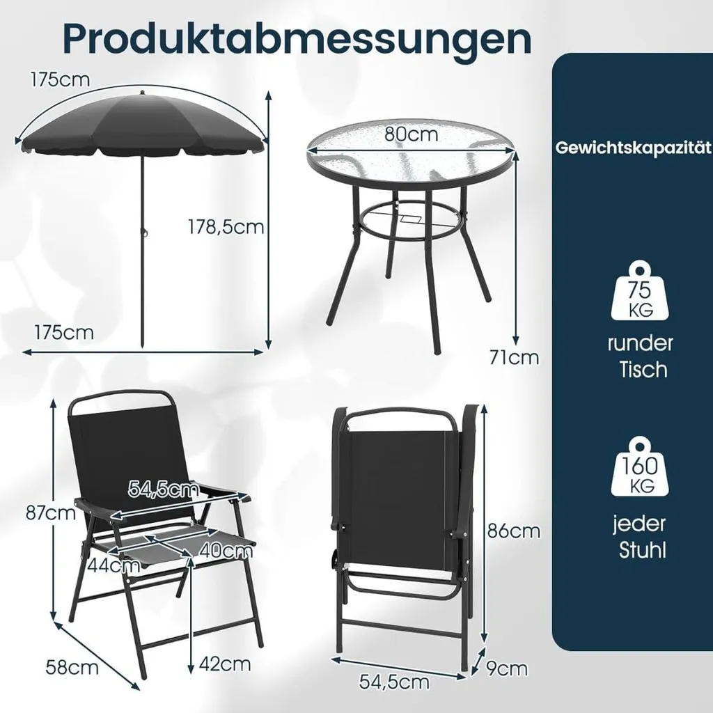 Ensemble repas d'extérieur pour balcon ou terrasse avec parasol inclus