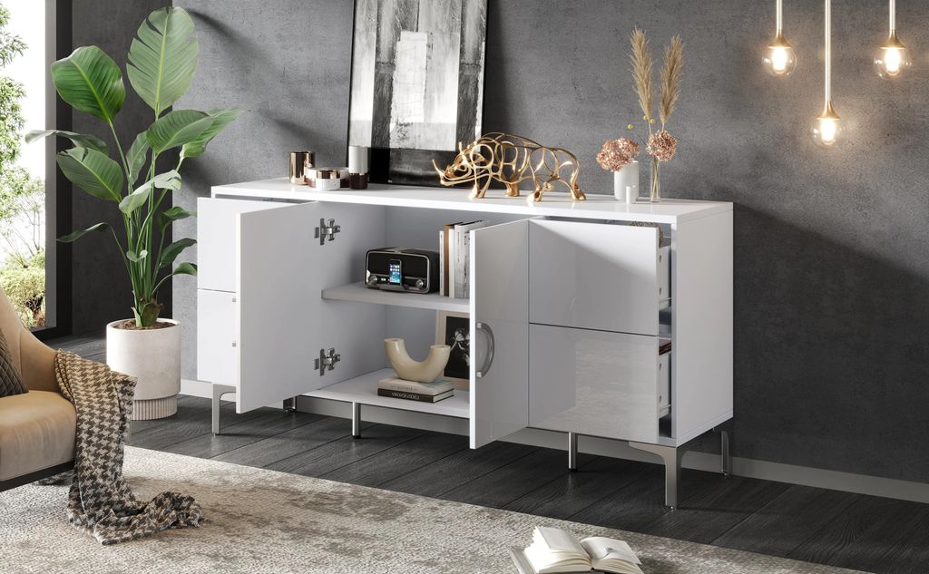 Sideboard - Anrichte - 150×38×59,5 cm - 4 Schubladen & 2 Türen - Hochglanz - Freistehend - Holzrahmen - Weiß