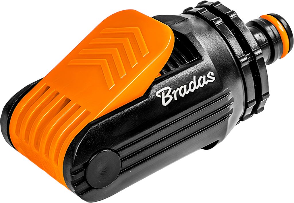 A close-up studio shot of a garden hose connector.