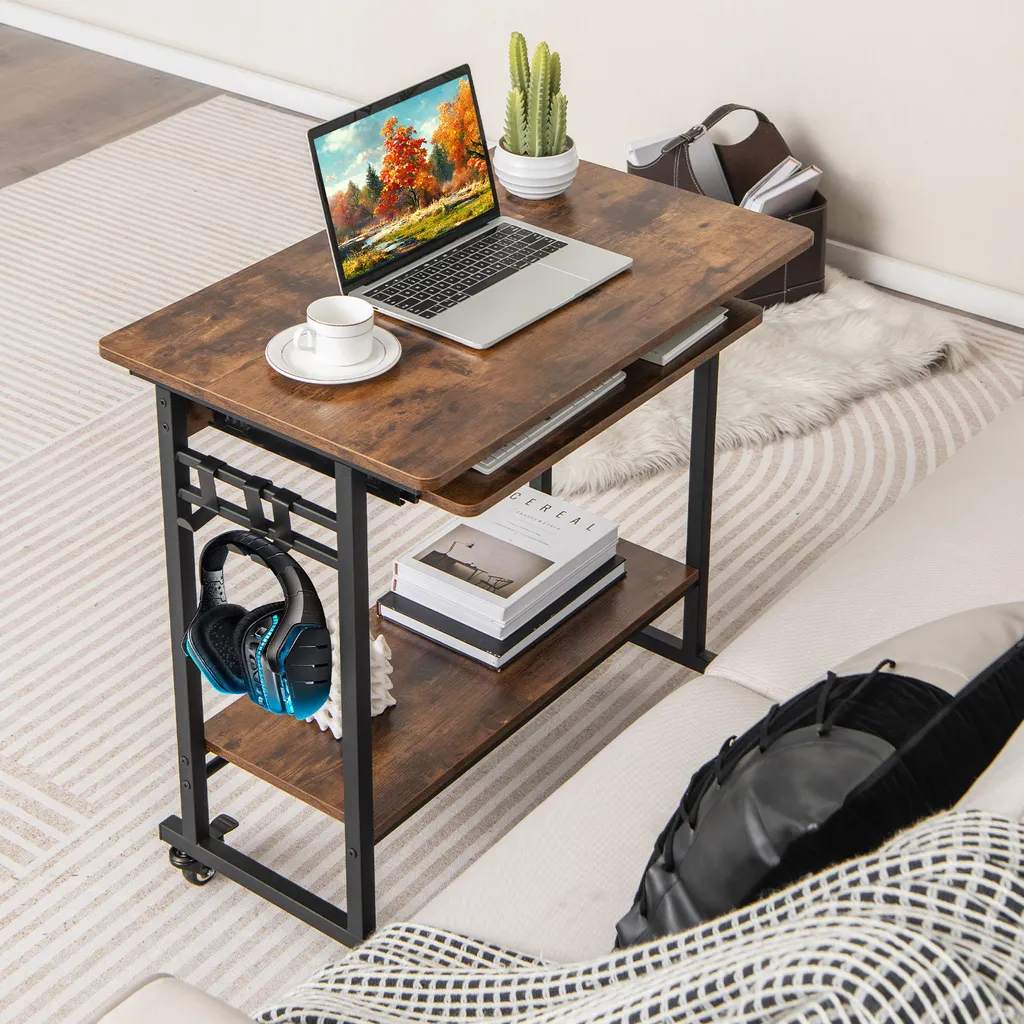 Table d'ordinateur compacte avec tablette clavier et roulettes en métal