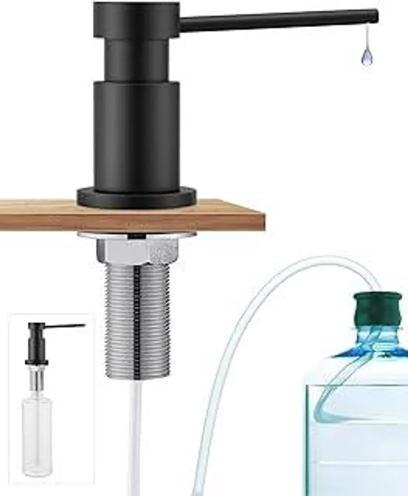 Dispenser per sapone nero da cucina, dispenser per detersivo da incasso con dadi in acciaio inox, dispenser per sapone in acciaio inox con flacone da 300 ml e tubo di prolunga da 1,25 m, dispenser per sapone in rame, nero opaco
