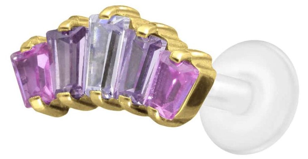Ohrpiercing, Nasenpiercing PTFE Labret mit Innengewinde + Titan-Aufsatz 5 EINGEFASSTE KRISTALLRECHTECKE Gold Stablänge: 7mm | Stabstärke: 1,2mm
