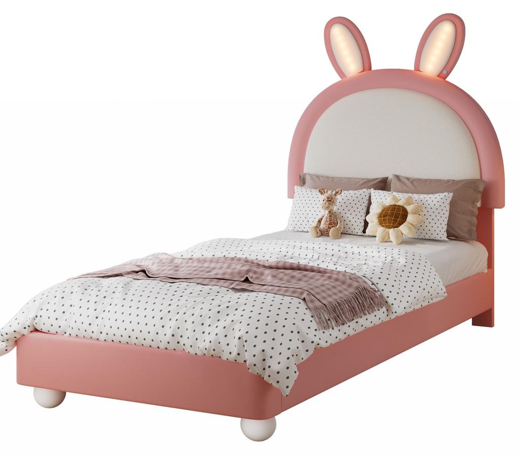 Kinderbett mit Lattenrost und RGB LED-Streifen, Einzelbett, Polsterbett mit Kopfteil, Kunstleder, 90x200 cm