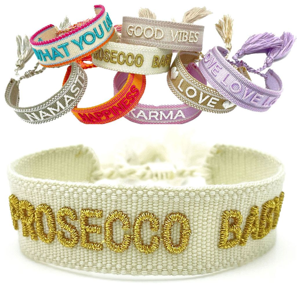LS-LebenStil Canvas Statement Armband Prosecco Baby Gold besticktes Stoffarmband gewebt textiles Quasten Spruch Boho Geschenk Freundschaftsarmband
