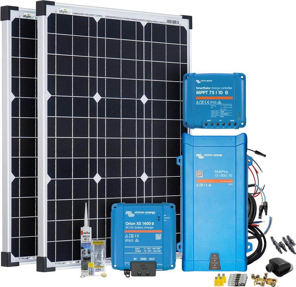 Offgridtec Mobil VeCore S 100W Wohnmobil Solaranlage inkl. MultiPlus12/800/35 Wechselrichter, Batterieladegrät und Laderegler - schwarz