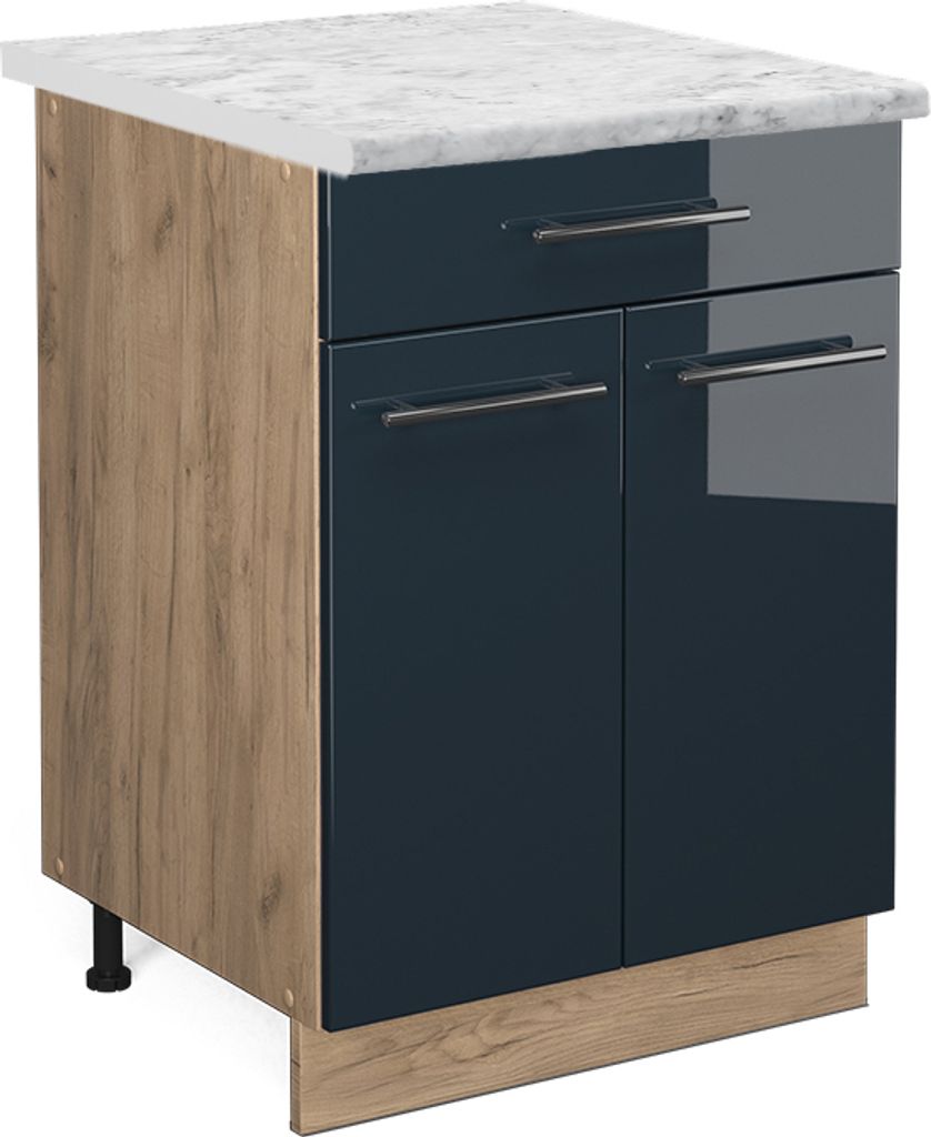 Küchenunterschrank Vicco Fame-Line Dunkelblau Hochglanz 60 cm mit Schublade, AP Marmor, Model 48855