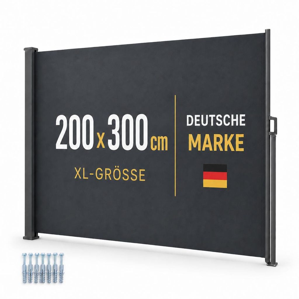 ONBEST Seitenmarkise | 200 x 300 cm | Ausziehbar | mit Schrauben und Dübel | Wasserabweisend | UV-Beständig