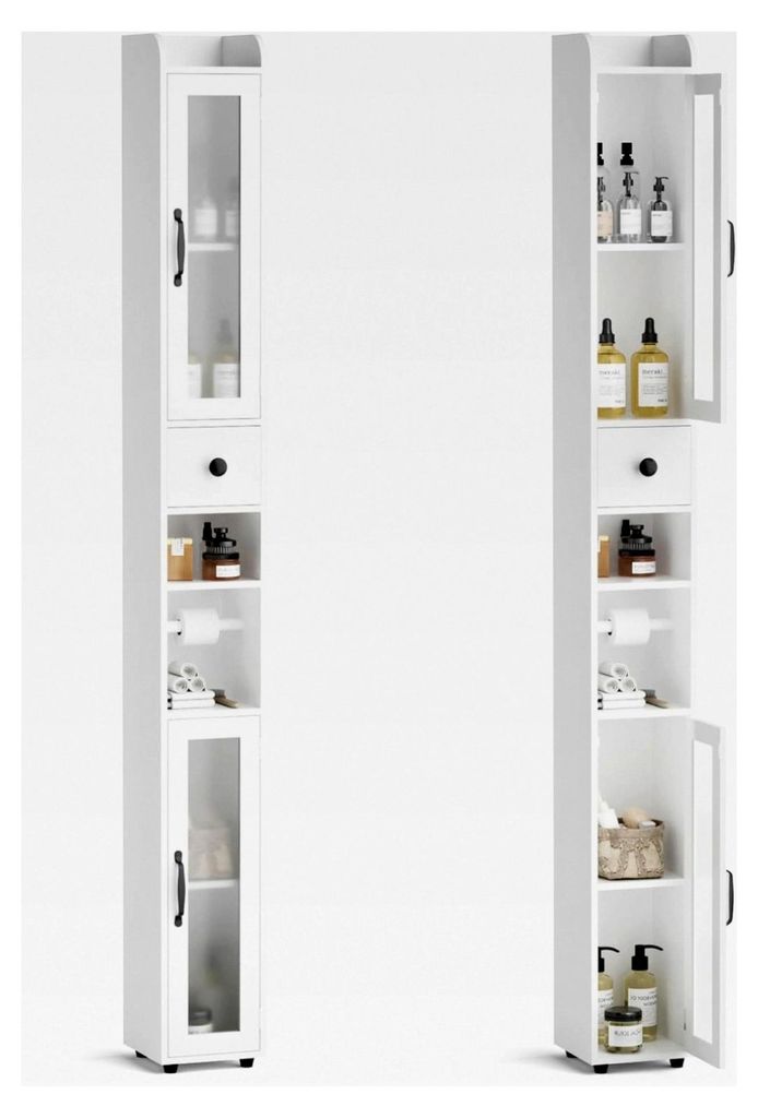Badezimmerschrank, schmal mit verstellbaren Ablagen und Halter, Hochschrank mit Glastüren und Schublade, für Badezimmer, Wohnzimmer, Küche, klei...
