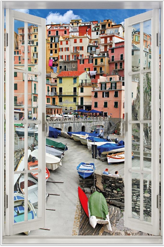 Wallario Wandbild mit Fenster-Illusion: Bunter Hafen in Italien, Größe: 61 x 91,5 cm, Poster mit weißem Aluminiumrahmen
