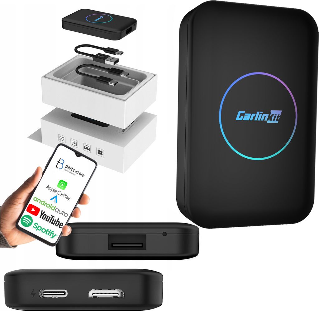A collage of images showing a Carlinkit TBOX LITE S device, its packaging, cables, and a smartphone displaying app icons.