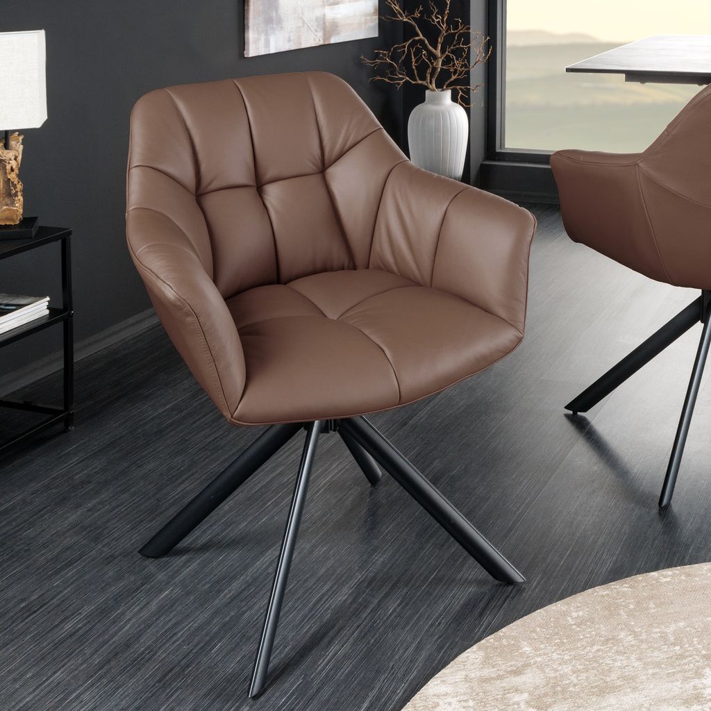 riess-ambiente Drehbarer Stuhl PAPILLON braun Echtleder mit Armlehne schwarzes Gestell Esszimmerstuhl Essstuhl Drehstuhl