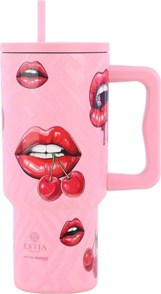 ESTIA | Thermobecher - Isolierbecher - 900 ml - Kaffeebecher - rosa rot - Becher mit Strohhalm