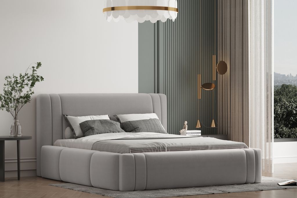 Polsterbett ROLF 90 x 200 mit Matratze, Bettkasten und Lattenrost. Farbe: Grau
