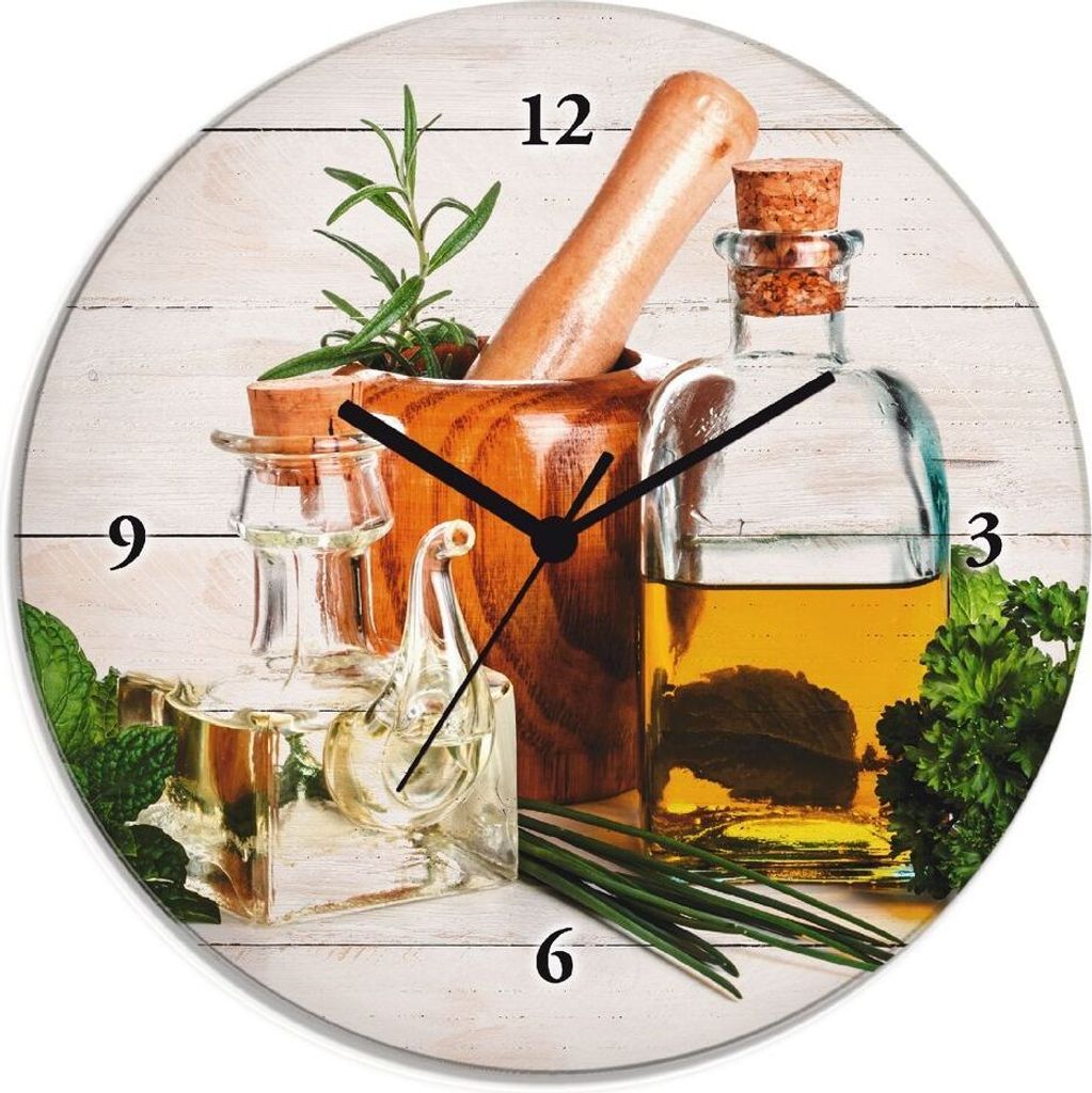 ARTland Glas Wanduhr Funkuhr - schwarzer Zeiger Olivenöl und Kräuter - Küche Größe: 30x30 cm