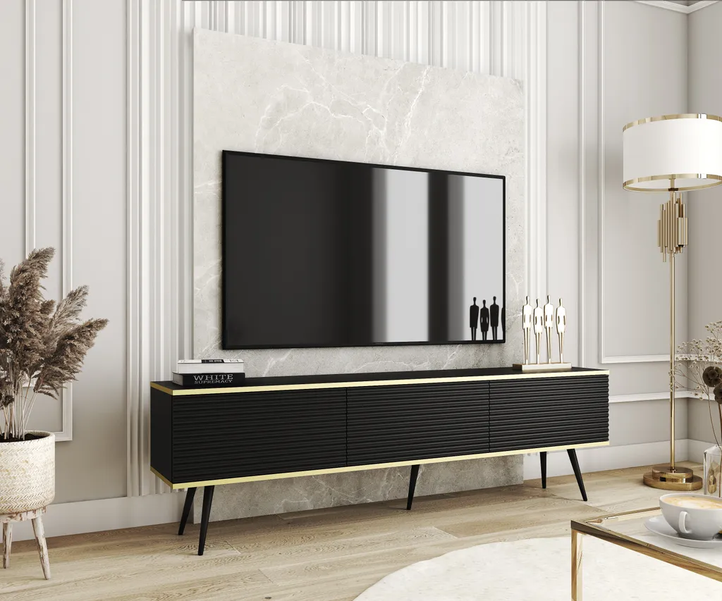 Meuble TV noir de 175cm Blum Oro - Buffet multimédia moderne pour salon