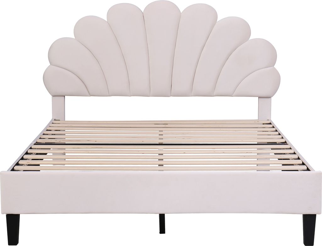 Polsterbett 140 x 200cm(Ohne Matratze) Doppelbett Gästebett Erwachsenen-Jugendbett Bettrahmen mit blumenförmigem Kopfteil Samtstoff Beige