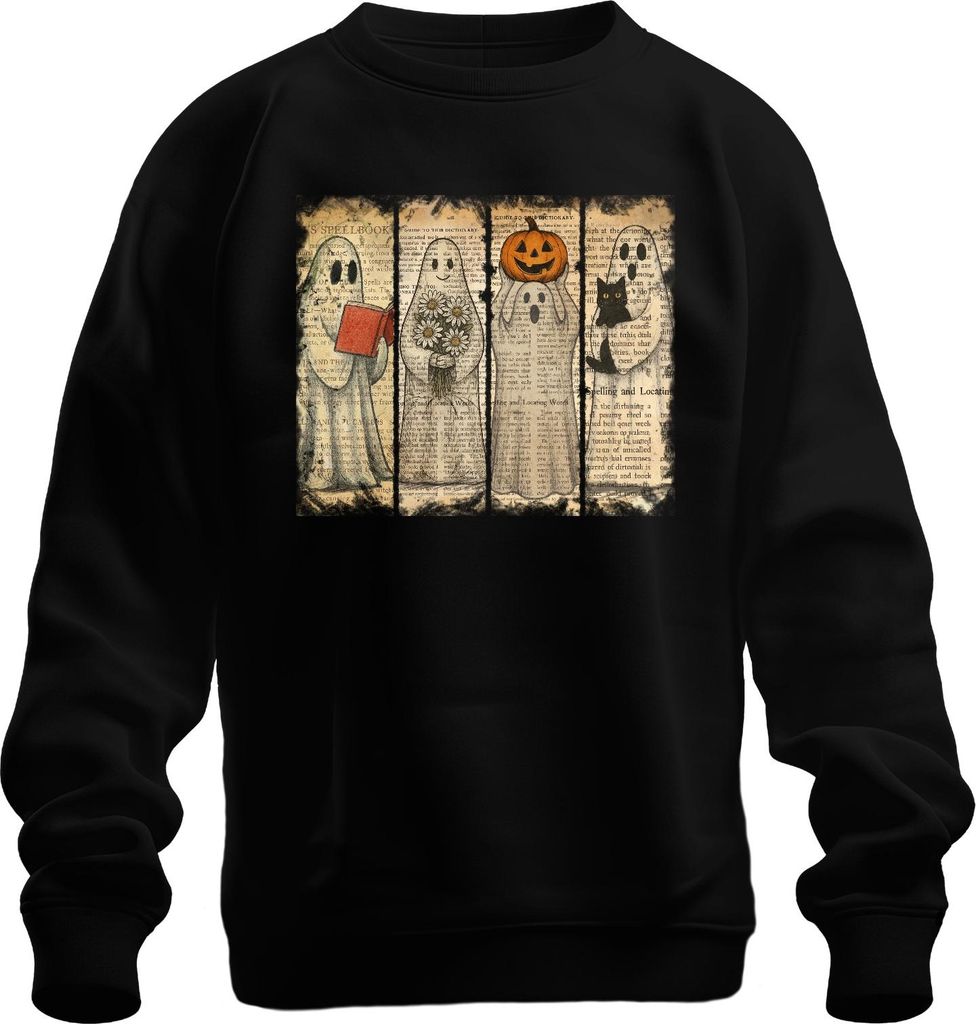 Halloween Geister Vintage Zeitung niedliche Kürbis Katze Blumen Uni Sweatshirt Pullover, Schwarz, S