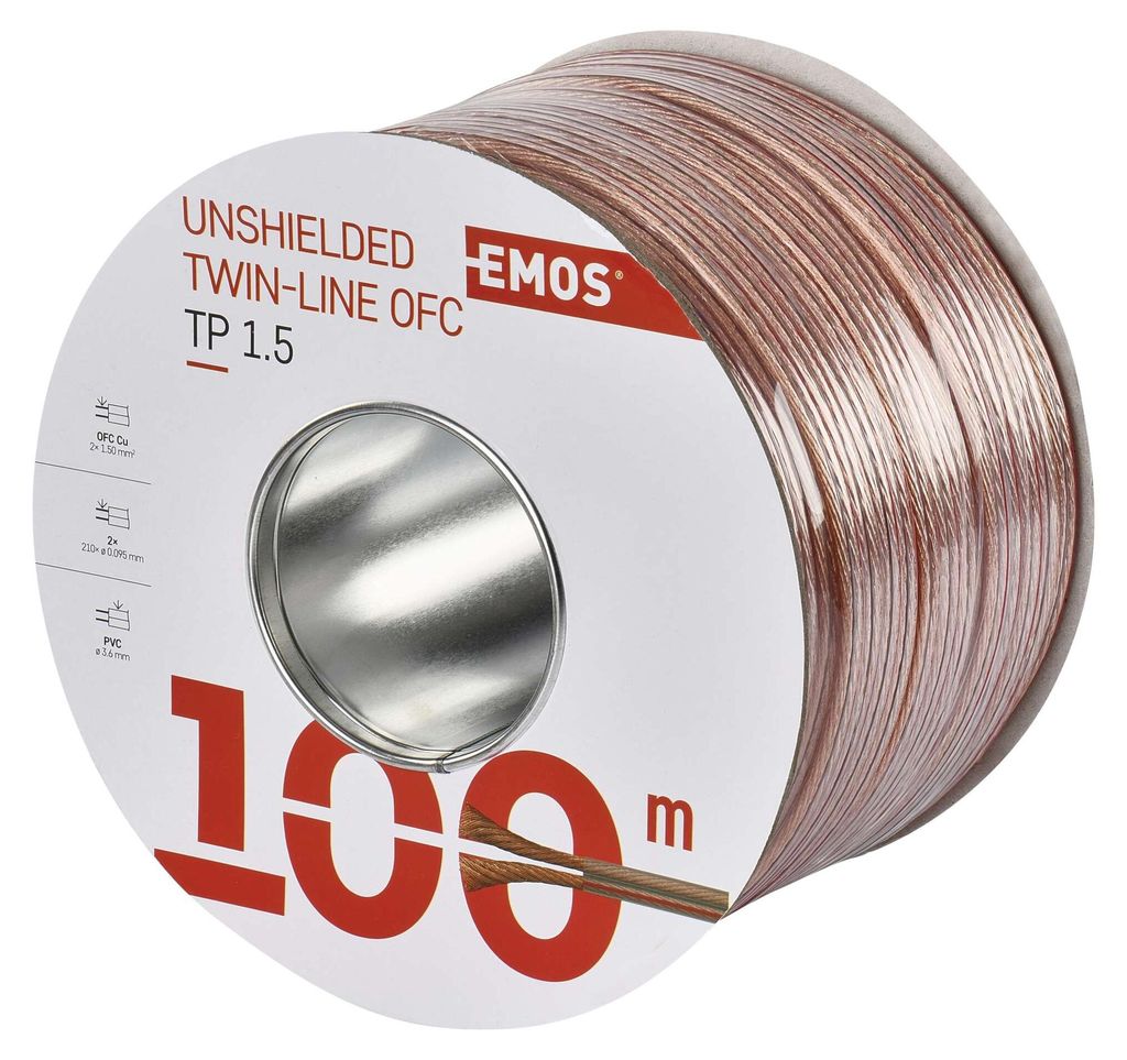 EMOS Lautsprecherkabel OFC 2x1,5mm2, 100m aus reinem Kupfer für Lautsprecher und Surround Systeme, transparent mit Polaritätskennzeichnung, S8314