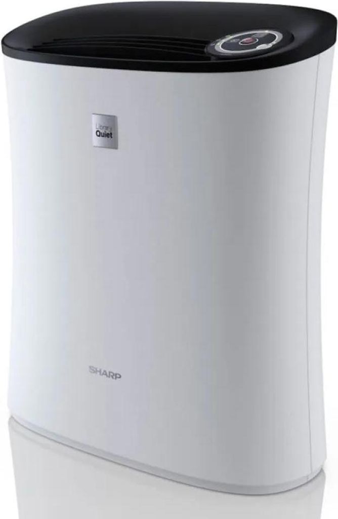 A white and black air purifier is shown against a white background.