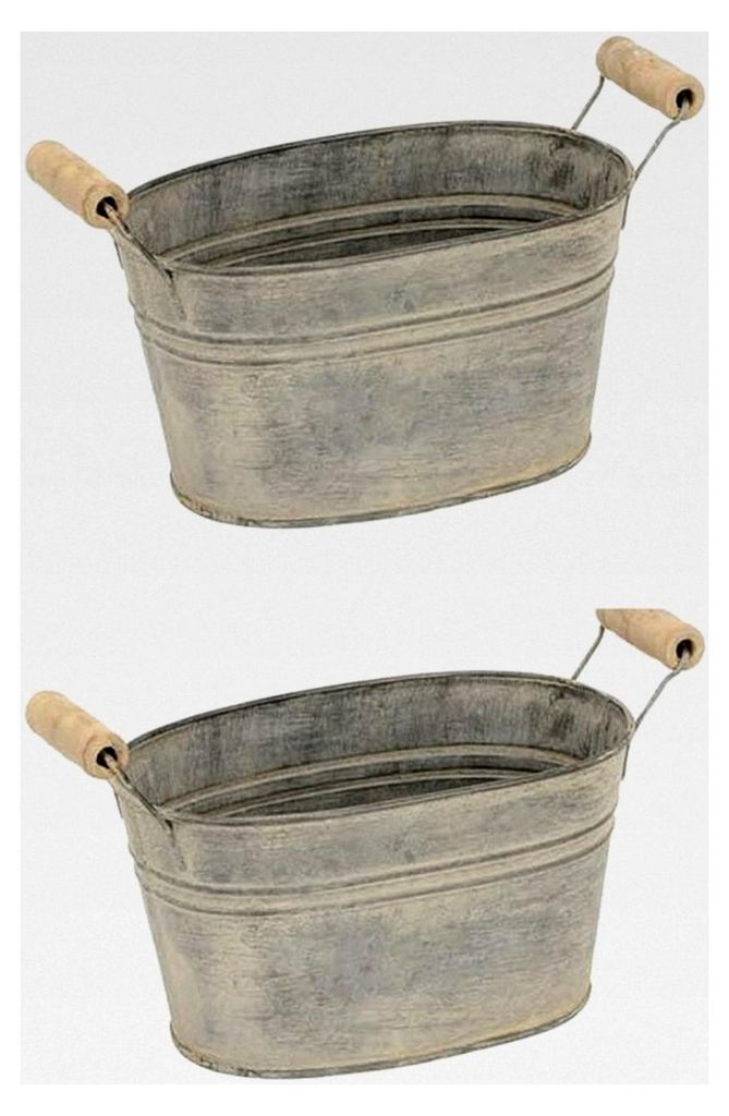 2X Metall-Jardiniere im Landhausstil mit Griff Holz Ø21x10cm H12cm Pflanzgefäß Schale