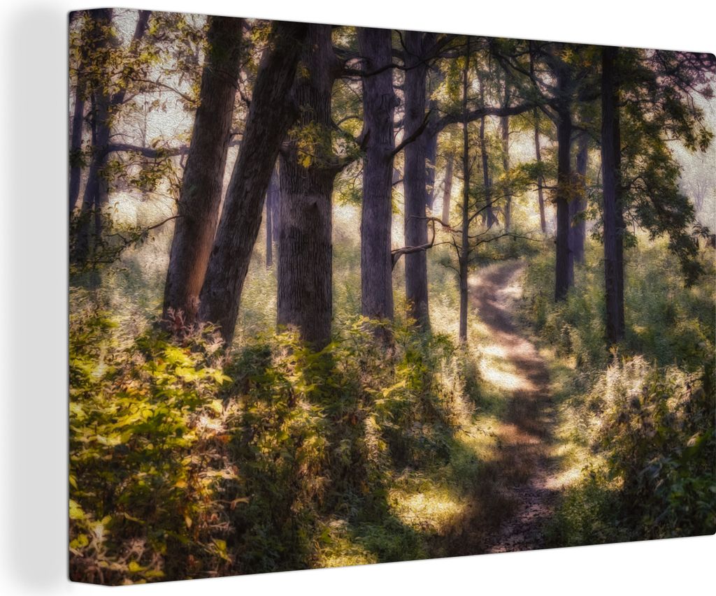 OneMillionCanvasses - Leinwandbilder - 140x90 cm, Ölgemälde eines Fußweges in einem Wald, Wandbilder Kunstdruck Wanddekoration - Foto auf Lein...