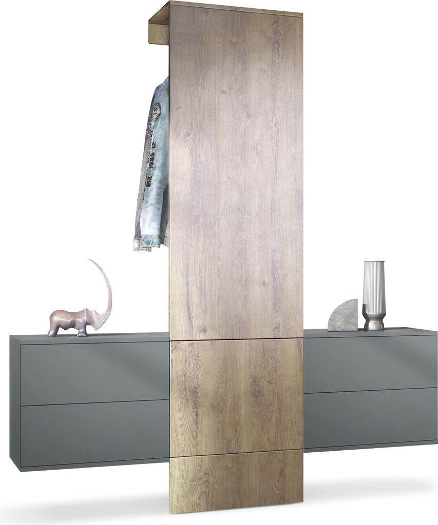 Vladon Garderobe Carlton Set 3, Germany, Wandgarderobe aus Flur-Paneel & 2 Schubladen-Kommoden, Anthrazit matt / Eiche Ribbeck (157 x 193 x 35 cm)