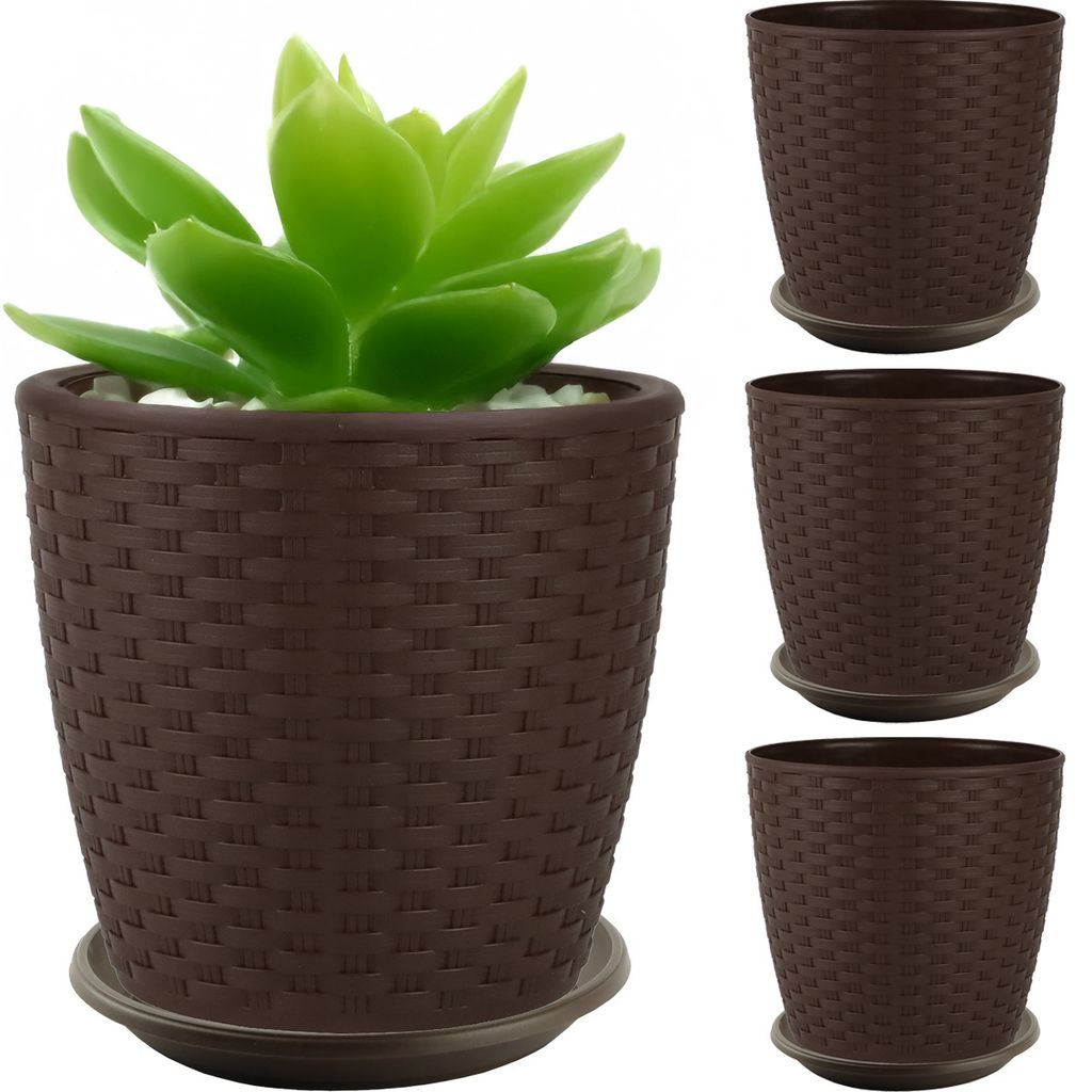 Set 4x Blumentopf Blumenkübel Rattan mit Untersetzer Pflanztopf 16x15cm Braun