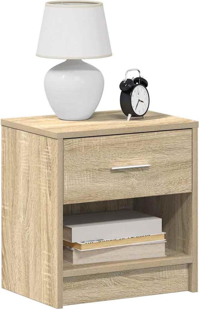 A wooden nightstand with a drawer and an open shelf, topped with a white lamp and a black alarm clock.