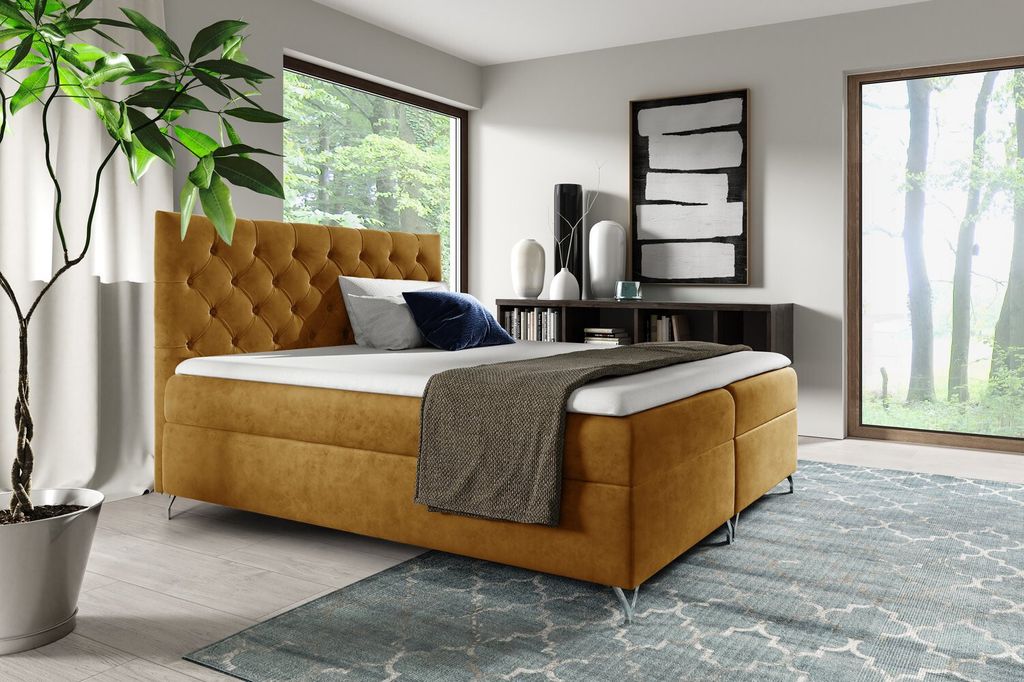 Boxspringbett SHANNON – 160x200, Gelb + GRATIS Topper