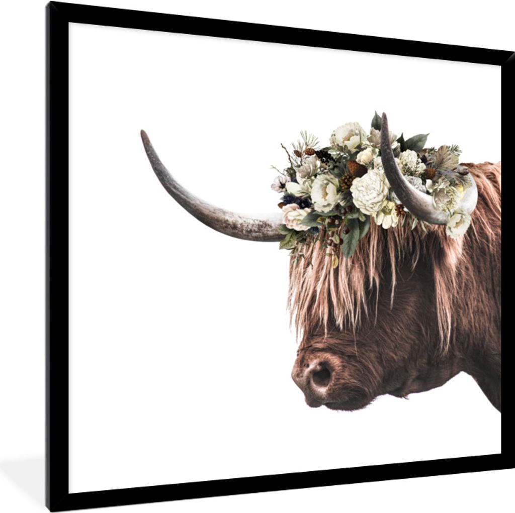 MuchoWow MuchoWow Gerahmtes Poster Schottisches Hochlandrind - Blätter - Hörner 40x40 cm - Poster mit zchwarzem Bilderrahmen - Mit Rahmen - W...