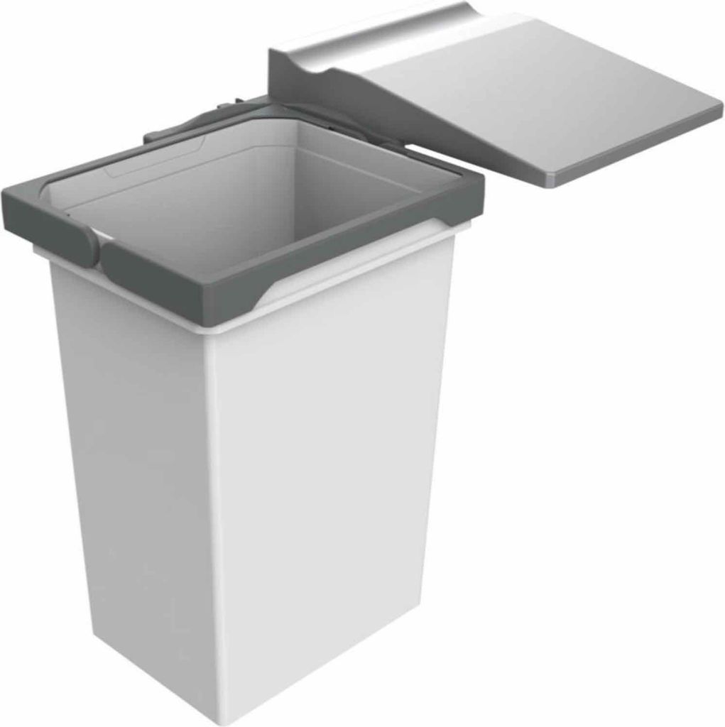 A white trash can with a gray lid and rim, shown from a slightly elevated angle against a white background.