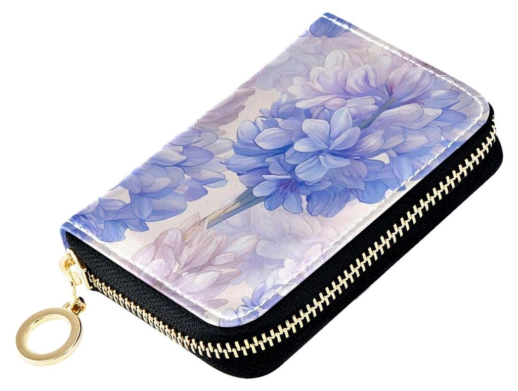 Mini-Kartenhalter mit Reißverschluss, für den täglichen Gebrauch, weiches Leder, 9 Kartenfächer, Hellviolette Blumen