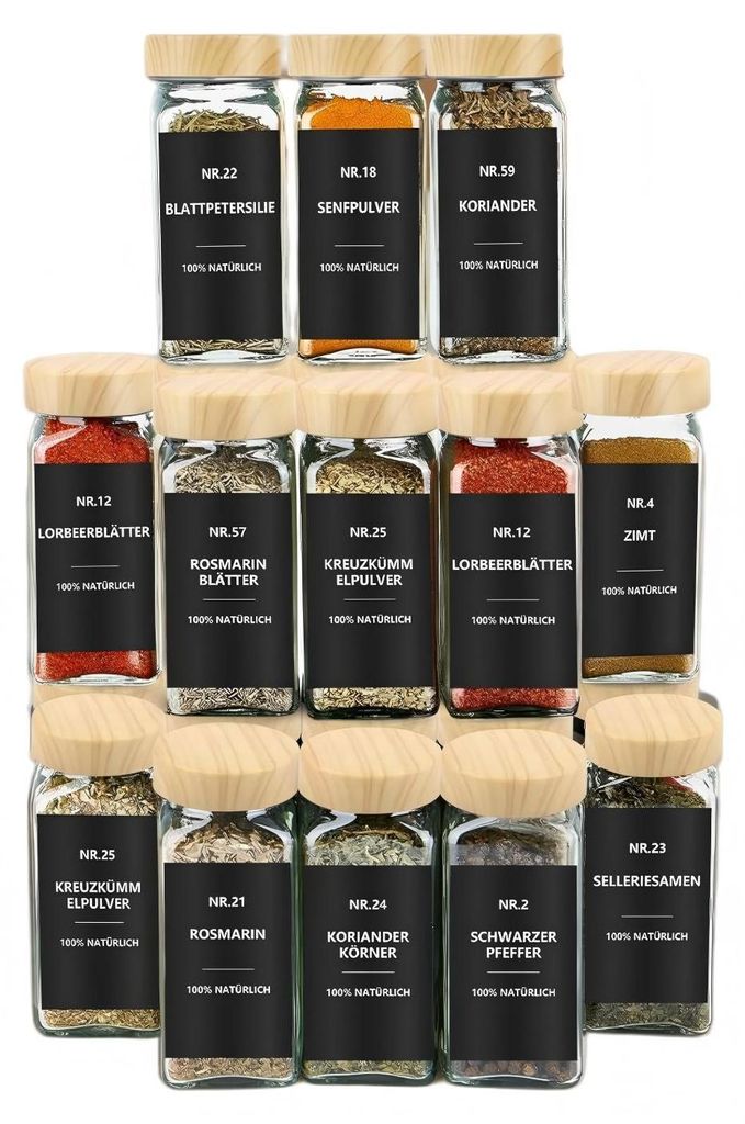 12er-Set Gewürzgläser Set, Glas Gewürzdosen mit Holzoptik Deckel, Etiketten, luftdicht, Küche