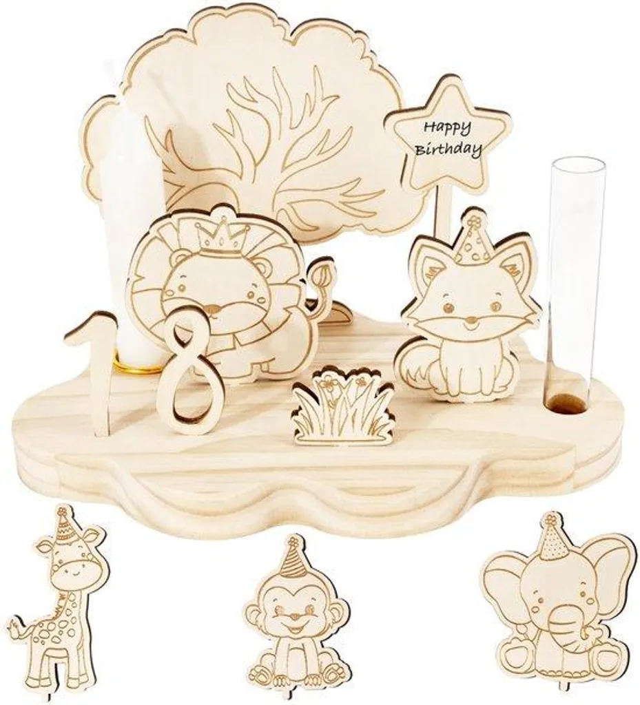 Support d'anniversaire en bois naturel avec bougeoir et kit chiffres 0-9