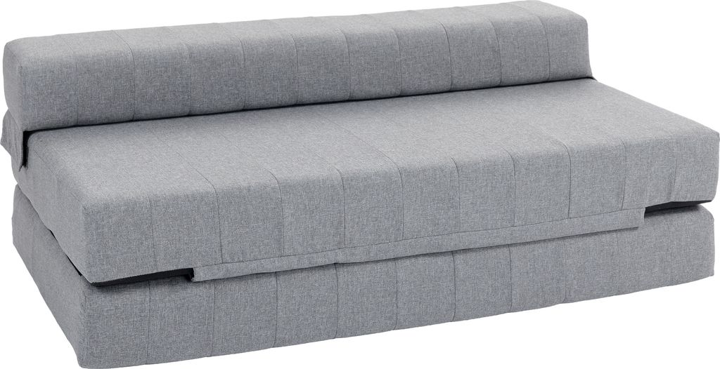 A gray sofa bed is shown from a slightly elevated side angle against a white background.