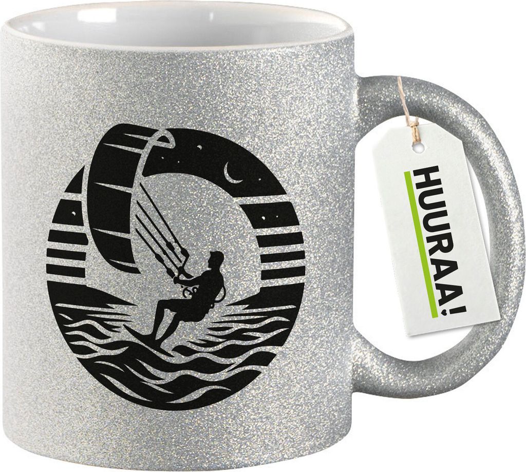 Huuraa Glitzertasse Kite Board Kitesurfing 330ml Silber Keramik Kaffeebecher Geschenkidee